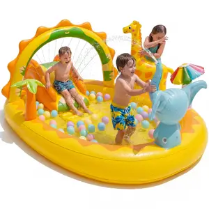 TASKBAY Inflatable Kiddie Pool Giraffe Play Center with Slide and Elephant Sprinkler, Age 2+, 82.7'' x 67'' x 41.3''