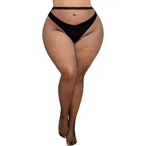 Women's Plus Size Mesh Fishnet Stockings Thigh High Waist Black Wide Tights for Weight 100-290 Lbs