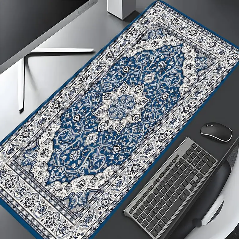 Persian Style Blue Pattern Mouse Pad, 1 Count Rectangle Gaming Mouse Pad, Non-Slip Rubber Base Mousepad, Office Desk Keyboard Mouse Mat for Home Game Room, Office Gadgets, Aesthetic Desk Accessories, Gaming Desk Accessory, Computer Desk Accessories