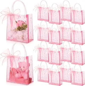 24 count Clear   Bags with Handles 6.1 x 5.9 x 2.8 Inch Wedding Transparent Glitter Tote with Ribbons  PVC  Wrap Bags for  Bridal Shower Birthday Party