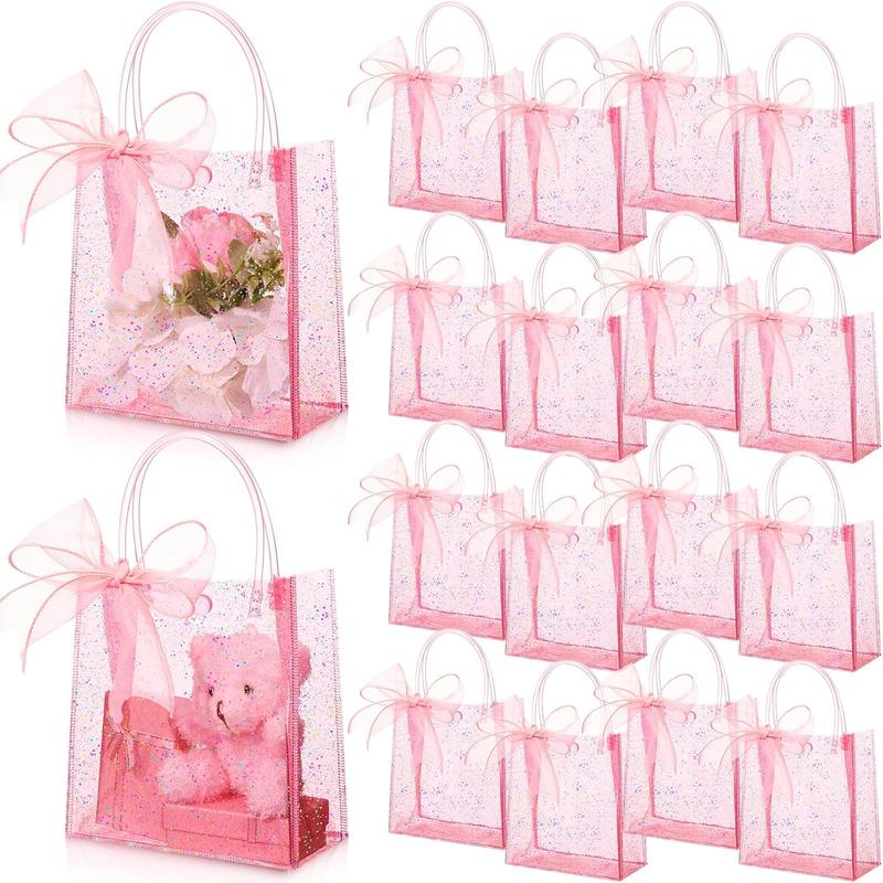 24 count Clear   Bags with Handles 6.1 x 5.9 x 2.8 Inch Wedding Transparent Glitter Tote with Ribbons  PVC  Wrap Bags for  Bridal Shower Birthday Party