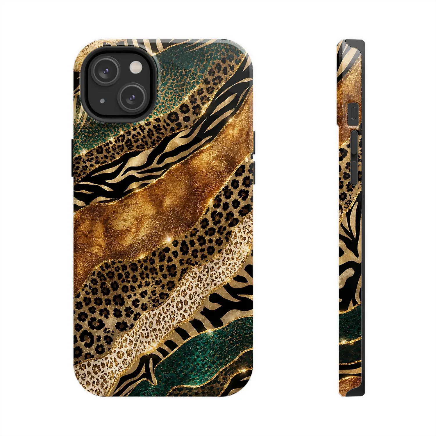 Luxury Leopard Print Phone Case for iPhone 17 16 15 14 13 12 11 Pro Max, Glam Gold Animal Pattern Cover, Emerald Green Zebra Stripe Aesthetic Protective Case, Chic Safari Fashion Accessory, Gift for Women Girls
