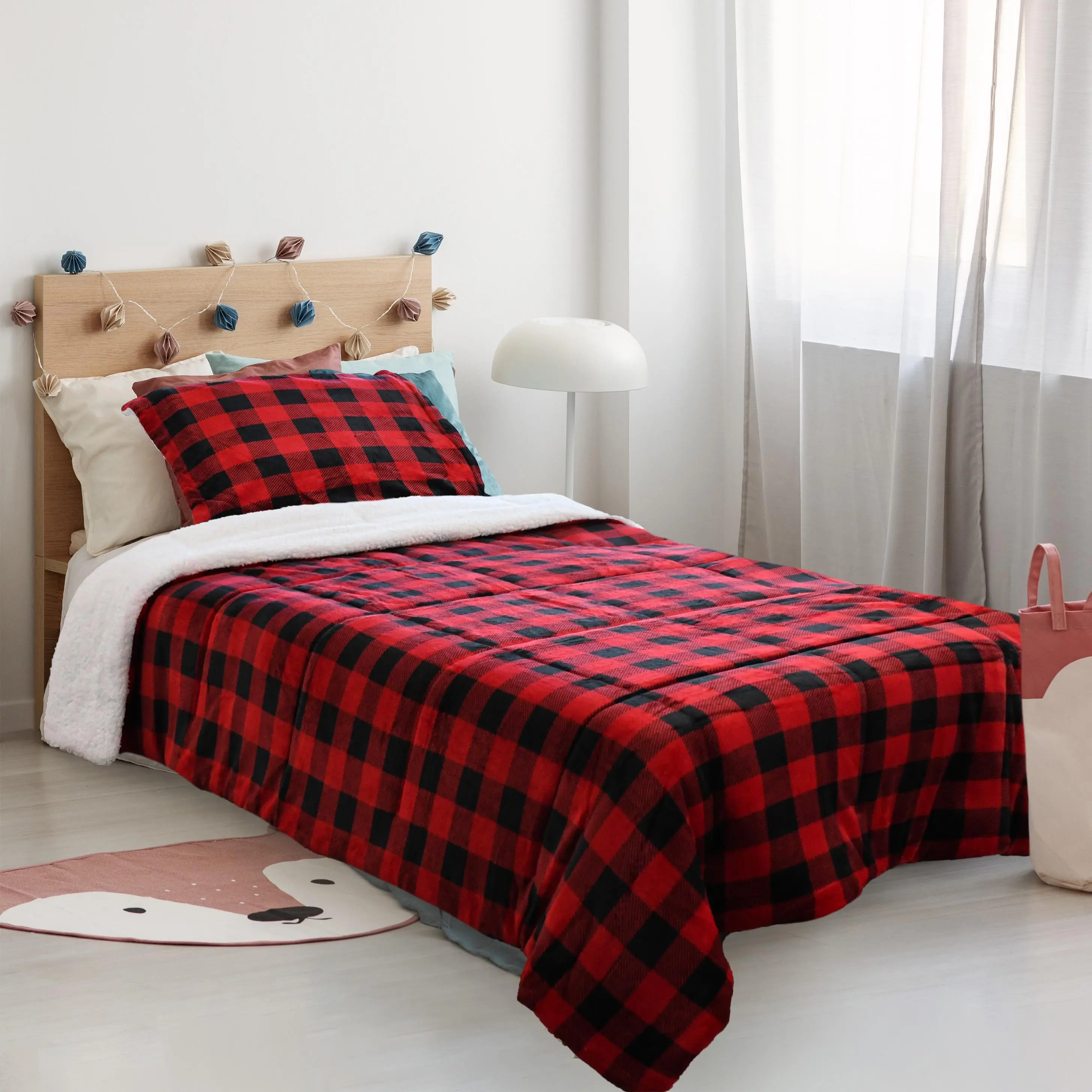 Catalonia Red Plaid Twin Size Sherpa Comforter Set, Ultra-Soft Reversible Fluffy Micromink Bedding Set-2 Pieces, 1 Comforter and 1 Pillow Sham