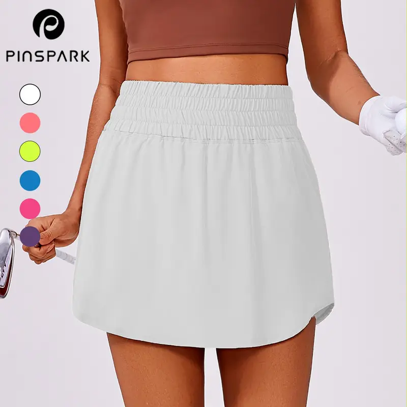 PINSPARK Women's High Elastic Waisted Fitted Quick-Dry Skort, Above-the-Knee Sport Skirt with 2 Pockets & Curved Hem - Golf, Tennis Spring Outdoor Activewear
