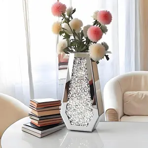 Floor Crushed Diamond Mirrored Vase 27" Tall, Crystal Silver Glass Decorative Mirror Large Size Luxury for Home Decor. Can't Hold Water.