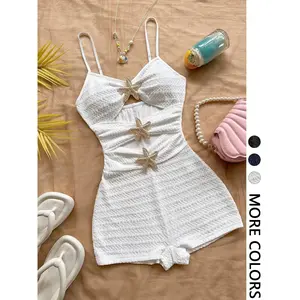 Women’s summer casual cutout starfish-decoration sleeveless jumpsuit/romper with a sexy, form-fitting texture, spaghetti straps, solid color; game set, beach summer set, vacation set, holiday beach set GARMENTARY