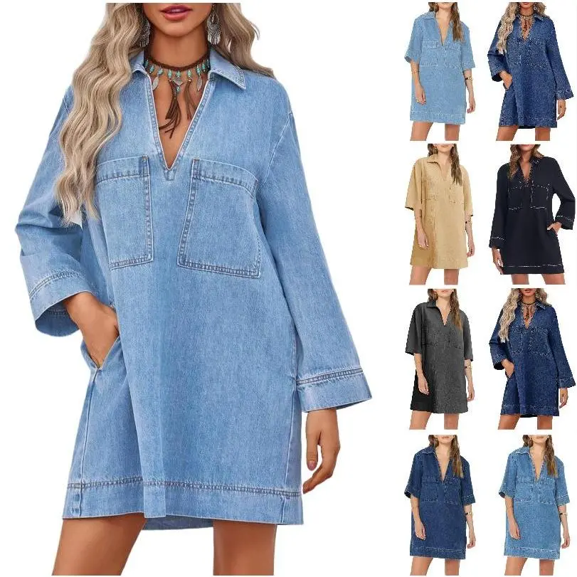 PASLTER Womens Denim Shirt Dress Long Sleeve V Neck Loose Casual Jean Mini Dress with Pockets-B