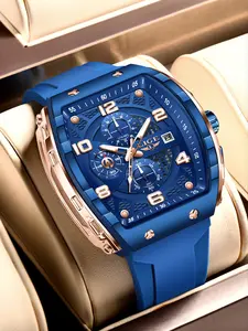 Men's Business Barrel Silicone Strap Quartz Watch, Waterproof Luminescent Timer, Fall New Arrival, Daily Wear, Gift Box Included, Luminous Analog Watch, Multifunctional Watch, Luminous Fashionable Watch