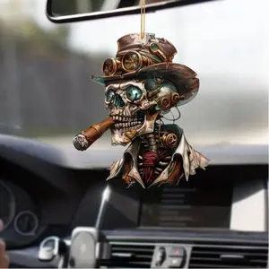2Pc 2D Acrylic Cool Smoking Skeleton Ornament, Anime Style Car Rearview Mirror Hanging Decor, Multi-use Home Keychain Pendant, Halloween Party Decoration Small Gift