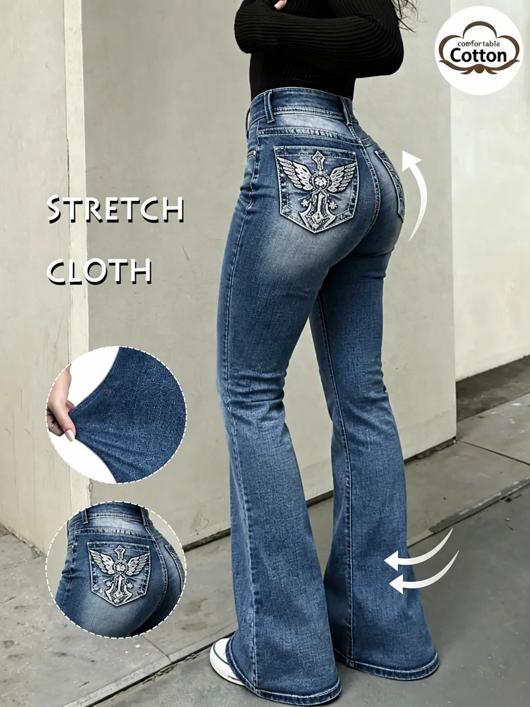 Women's High Waisted Curvy Bootcut Wing Embellished Pockets Stretchy Flared Jeans Women's High Waisted Curvy Bootcut Wing Embellished Pockets Stretchy Flared Jeans
