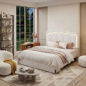 White Wavy Cloud Velvet Bed Frame With Smart RGB LED Light Adjustable Headboard Side Pocket Footboard Drawer Wooden Slats Platform Bed No Box Spring Needed Easy Assembly Bedroom Furniture