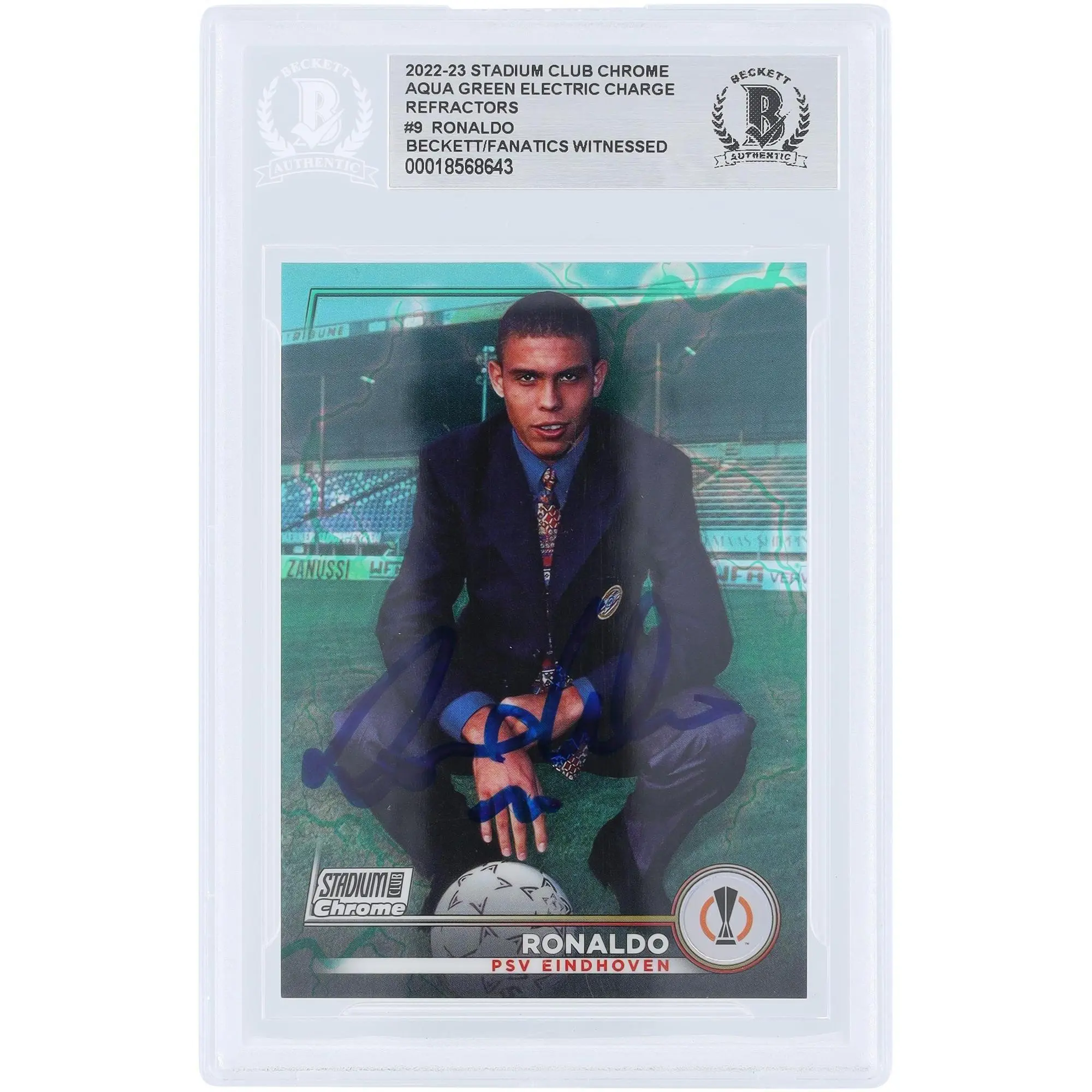 Ronaldo PSV Eindhoven Autographed 2022-23 Topps Stadium Club Chrome UEFA Aqua Green Electric Charge Refractor #9 #/225 Beckett Fanatics Witnessed Authenticated Card - Fanatics Authentic Certified