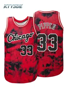KTYSDE #33 Pippen Chicago Tie-Dye Basketball Sports Jersey, Men's Red Black Embroidered Sleeveless Fan Shirt