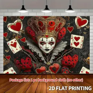 1pc 2D Flat Queen of Hearts Gothic Fantasy Backdrop Cloth Dark Red & Black with Hearts & Cards Design Polyester Party Banner for Halloween Birthday Wedding Photography Studio White