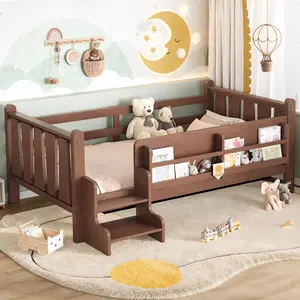 Twin Size Floor Bed with Storage Bookcases, Solid Wood Kids Floor Bed with Cute Stairs and Guardrails, No Box Spring Needed, Natural