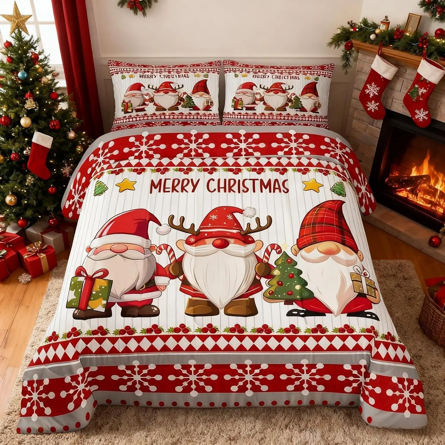 Feelyou Multi-Size Duvet Insert Set - Lightweight Warmth, Travel-Friendly Christmas Snowflake Bedding, Cute Gnomes Red Romantic Bedding for Kids & Adults, Room/Cabin Decor