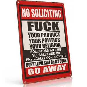 No Soliciting "F" Your Products Go Away Own Risk Sign 12X8 Humorous Funny Tin Sign for Cabin Garage Courtyard Outdoor Decorative Easy Hanging Rust-Resistant Aluminium Gift Design Decoration Items Customized Decoration