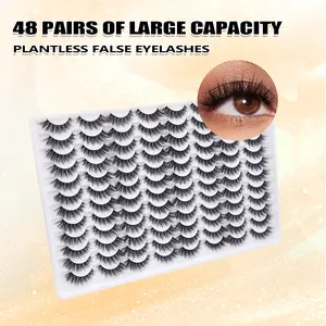 48 pairs of one-piece complete false eyelashes, full eyelashes, 3D soft canopy, natural cross cat eyelashes - reusable, fluffy, naturally messy false eyelashes, essential for gatherings, daily travel, makeup, super large capacity false eyelashes