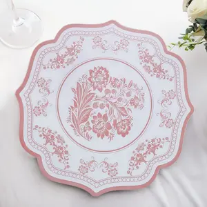 10-Pack Disposable Table Placemats 13" White with Pink Damask Floral Pattern & Scalloped Rim - 400GSM Cardboard Placemats for Classy Events