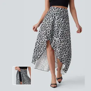 Halara High Waisted Invisible Zipper High Low Ruffle Leopard Print Midi Flowy 2 Piece Resort Skirt