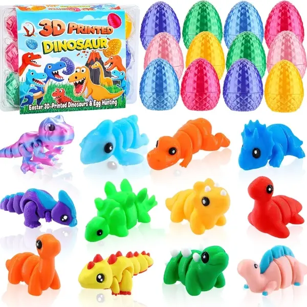 12PCS 3D Printed Dinosaurs with Eggs, Kids Dinosaur Toy Set, Animal Figurines for Boys Girls, Fidget Toys, Easter Egg Hunt Basket Stuffers, Party Favors & Gifts