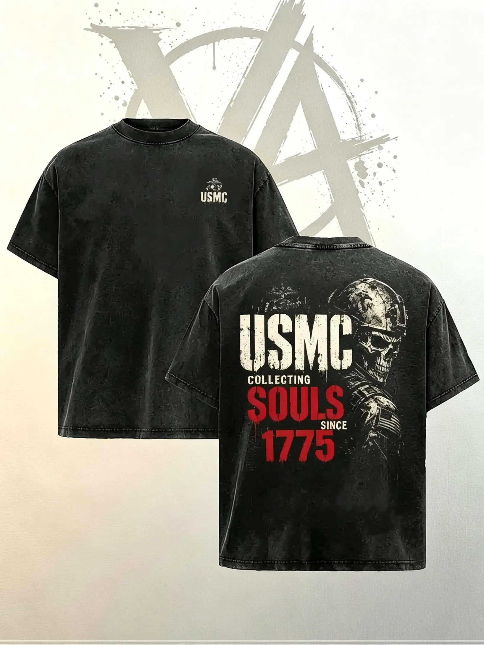 [AVT]USMC Collecting Souls Since 1775 T-Shirt, Tactical Skull Graphic Heavyweight 100% Cotton Washed Vintage Tee, US Marine Corps Military Gift Men Loose Fit Short Sleeve,graphic streetwear trendy symbol t-shirt,humor invincible shirt,funny student shirt