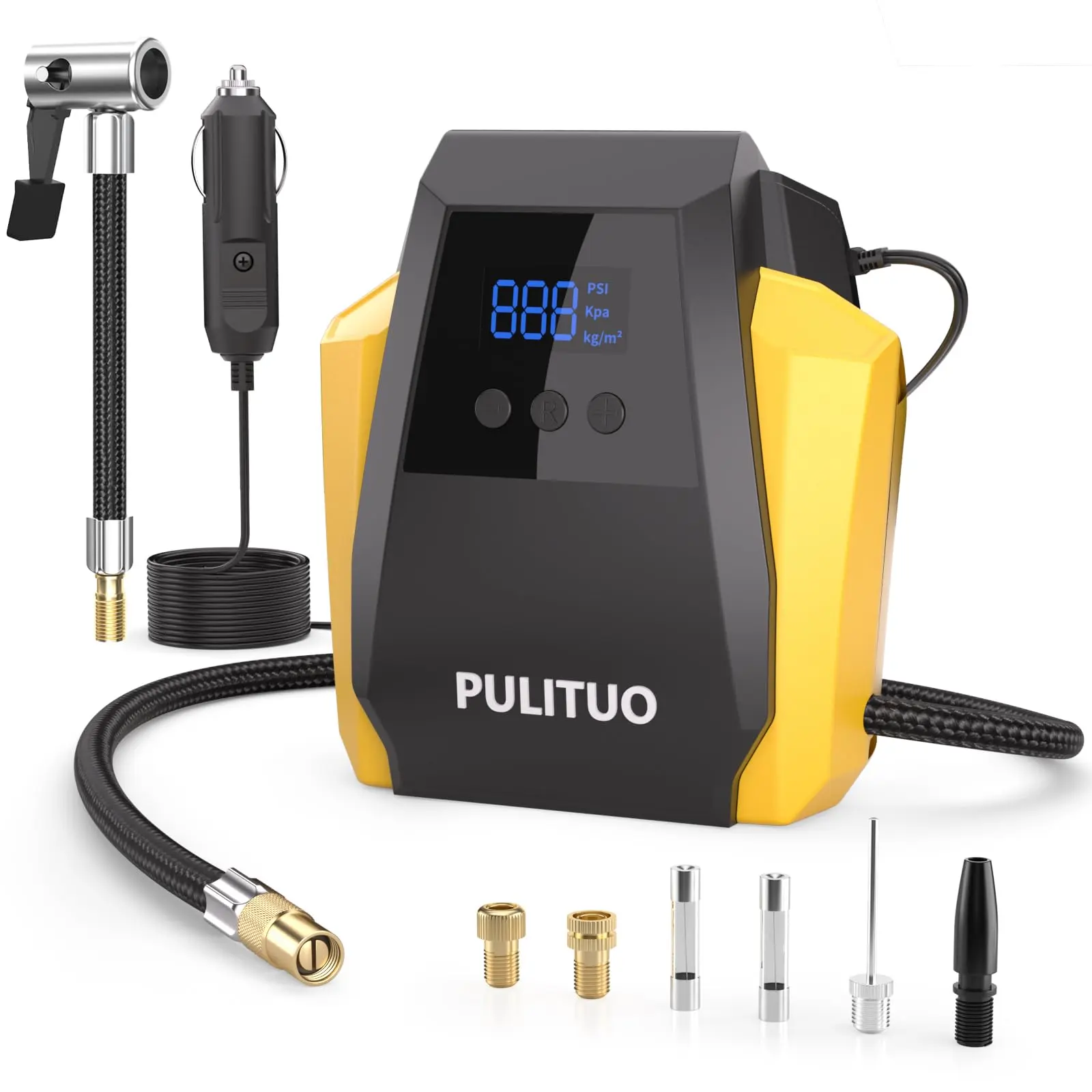 PULITUO 12V DC Compact Portable Car Tire Inflator with High-Performance Motor, Digital Pressure Gauge, Emergency LED Light, Fast Inflation, 150 PSI Max, 2-Year Replacement (for Cars/SUVs, Bikes, Ball Inflatables)