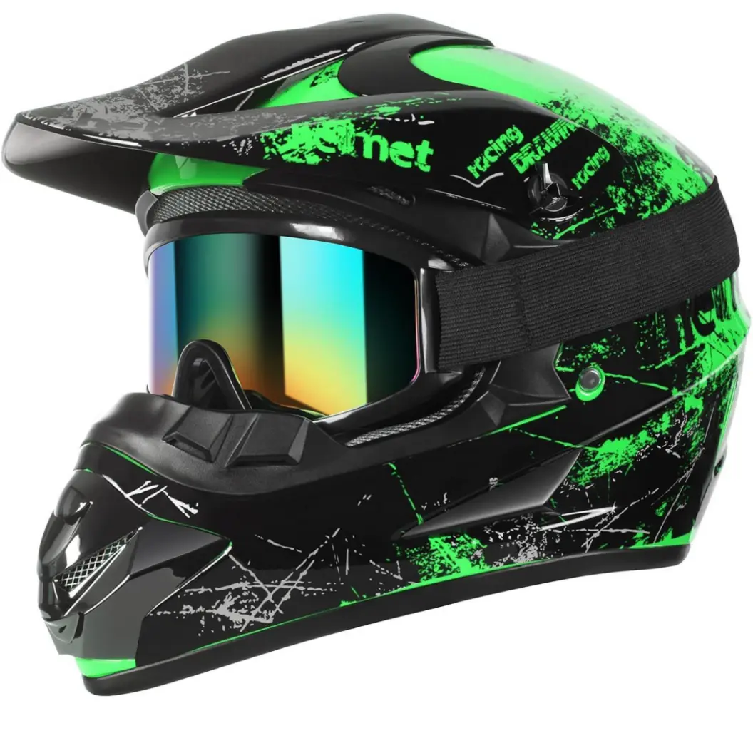 DOT Certified Motocross Helmet 4-Piece Set, Off-Road Dirt Bike Helmet Suitable for Adults Youth Kids, Universal Fit for ATV 4 Wheel Off-Road Vehicle Motorcycle Street Bike Mountain Bike Outdoor Riding Protective Helmet