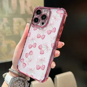 Four Corner Anti-Fall Cherry Bow Delight  Pattern Phone Case for iPhone 17 16 Pro Max 15 Plus 14 13 12 11 Air Shockproof Transparent Electroplated Protective Cover anti-fall phone case