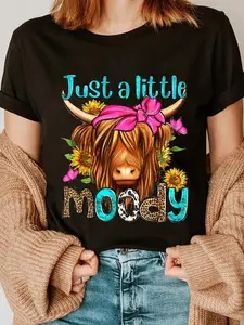 100% Cotton Just A Little Moody Leopard Sunflower Highland Cow Western T-Shirt