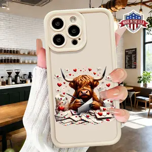 Cute Cartoon Highland Cow Love Letter Design Case for iPhone 17 16 15 14 Pro Max 13 12 11 XR XS Plus Air Slim Lightweight Shockproof Anti Drop Protective Durable TPU Phone Cover