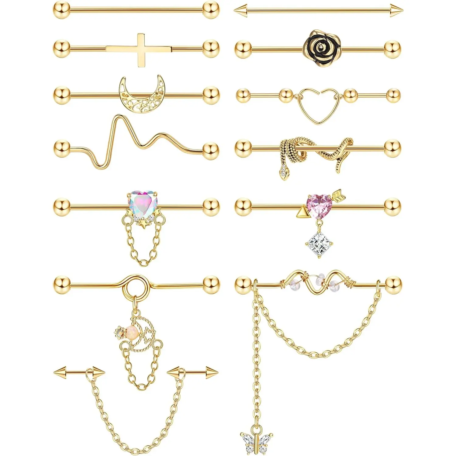 13-Piece Industrial Piercing Jewelry, 14g Surgical Steel Helix Barbells with Snake Moon Charms, Stylish Female Accessories for Christmas, Birthday, Valentine's Gift, Stylish Accessories, Gauge Earrings Piercing Jewelry, Casual Wear