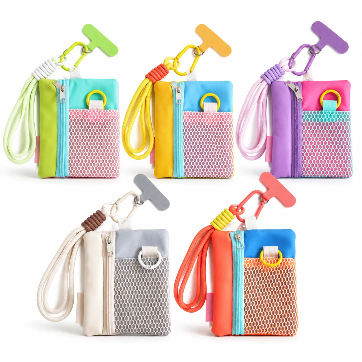 Colorful Mini Zipper Pouch with Wrist Strap & Carabiner, Cute Dopamine-Style Coin Purse with Mesh Pocket for Cash, Cards, Keys & Small Essentials, Portable Bag Charm for Travel & Everyday Use