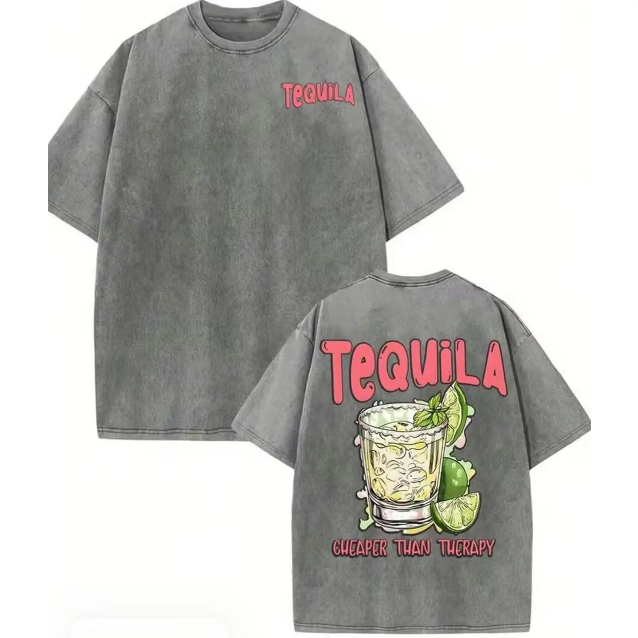 Vintage Tequila T-Shirt, Teguila Cheaper Than Therapy Washed Gray Cotton Oversized Short Sleeve Tee,Retro Funny Alcohol Graphic Casua Crewneck Shirt for Party Lovers