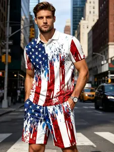 American Flag Polo Set, Independence Day Theme Casual Two-Piece, Graphic Slim-Fitting Clothing, Button Detail, No Zipper