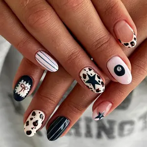 24pcs American Vintage Denim Leopard Stripe Star Nail Art, Almond Shape Medium Nails, Blue & Block Design