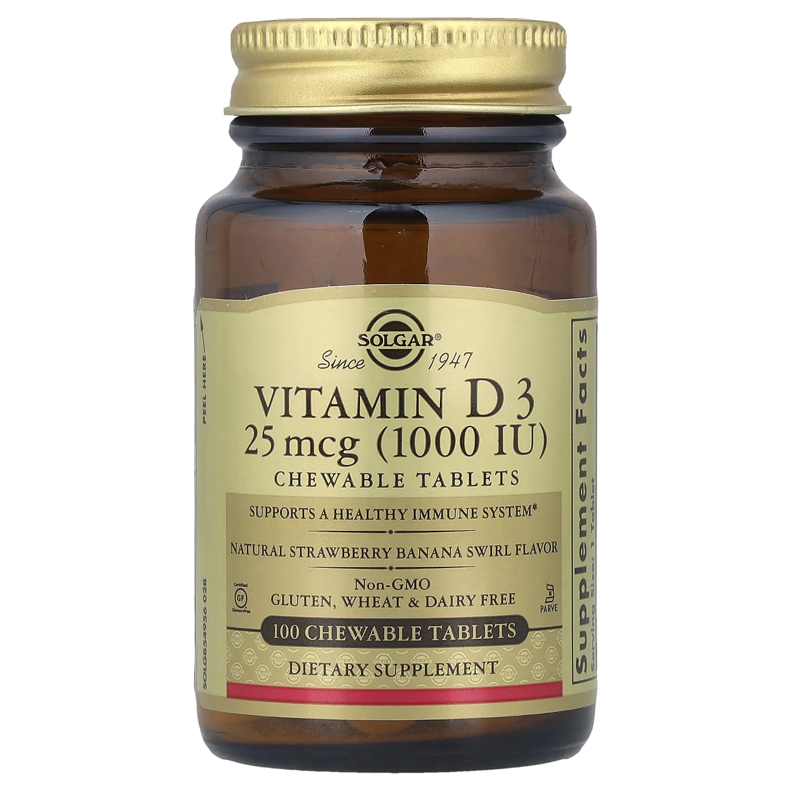 Solgar Vitamin D3, Natural Strawberry Banana Swirl, 25 mcg (1,000 IU), 100 Chewable Tablets