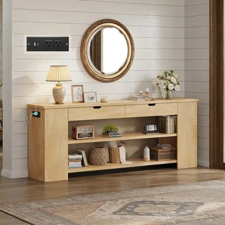 SIKAIC Natural Wood Rustic Multi-Layer Pedestal Unit - Space Saving Indoor Furniture, Built-In Power Console Sofa Table, Integrated Panel with 1 Type-C Port, 1 USB, 2 AC Sockets, Extra-Length Surface Perimeter Base for Home Hallway Storage
