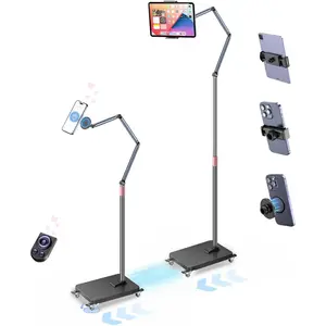 Rolling Tablet Floor Stand with Wheels, Adjustable  Arm & 360? Rotation,  Phone Holder with Remote, iPad Floor Stand for Bed, Compatible with 4.7-15.6" iPad, Phone, Kindle & Tablets