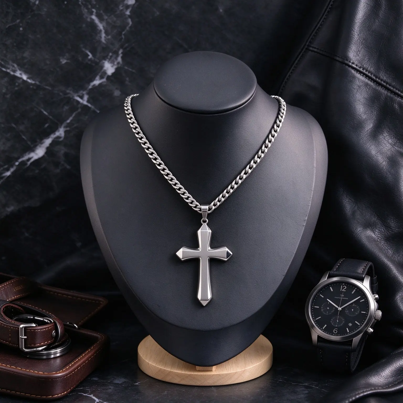 Cross Pendant Necklace for Men Women, 6mm 24IN Titanium Steel Cuban Link Chain, Silver Polished Cross Necklace, Waterproof Tarnish Resistant Hip Hop Streetwear Jewelry, Religious Statement Neck Chain Gift for Guys Girls