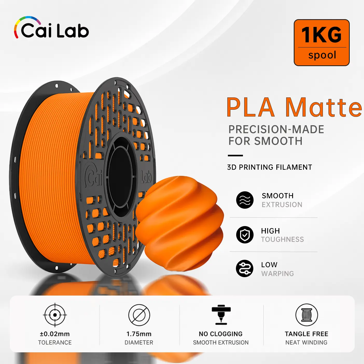 Cailab Polylactic Acid (PLA) Matte 3D Printing Filament, 1.75mm, 1KG Spool, Smooth Extrusion, Low Warping, Easy-to-Print, High Precision, for FDM 3D Printers