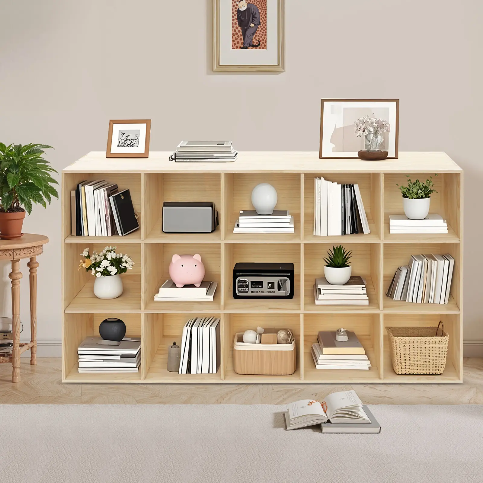 Rectangular 15-Compartment Solid Wood Bookcase, 100kg Load Capacity, for Living Room & Office