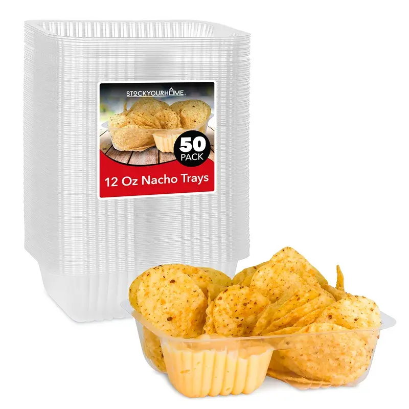 12oz Plastic Nacho Trays (50 Pack) Small Disposable Tray for Nachos & Cheese Dip, Concession Stand Supplies, Movie Night Snacks for Kids, Carnival Party Decorations, Food Boats, Snack Containers