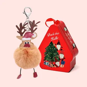 Pink Christmas Gift Deer Keychain Reindeer Pom Pom Keyring Animal Bag Key Pendant Backpack Wallet Mobile Phone or Car Pendant Keychain christmas  boxes christmas friend