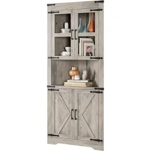 67 Inch Tall Corner Cabinet with Glass Door Freestanding Wooden Corner Storage Cabinet with Adjustable Shelves Space Saving Design for Bathroom Kitchen Living Room-Grey