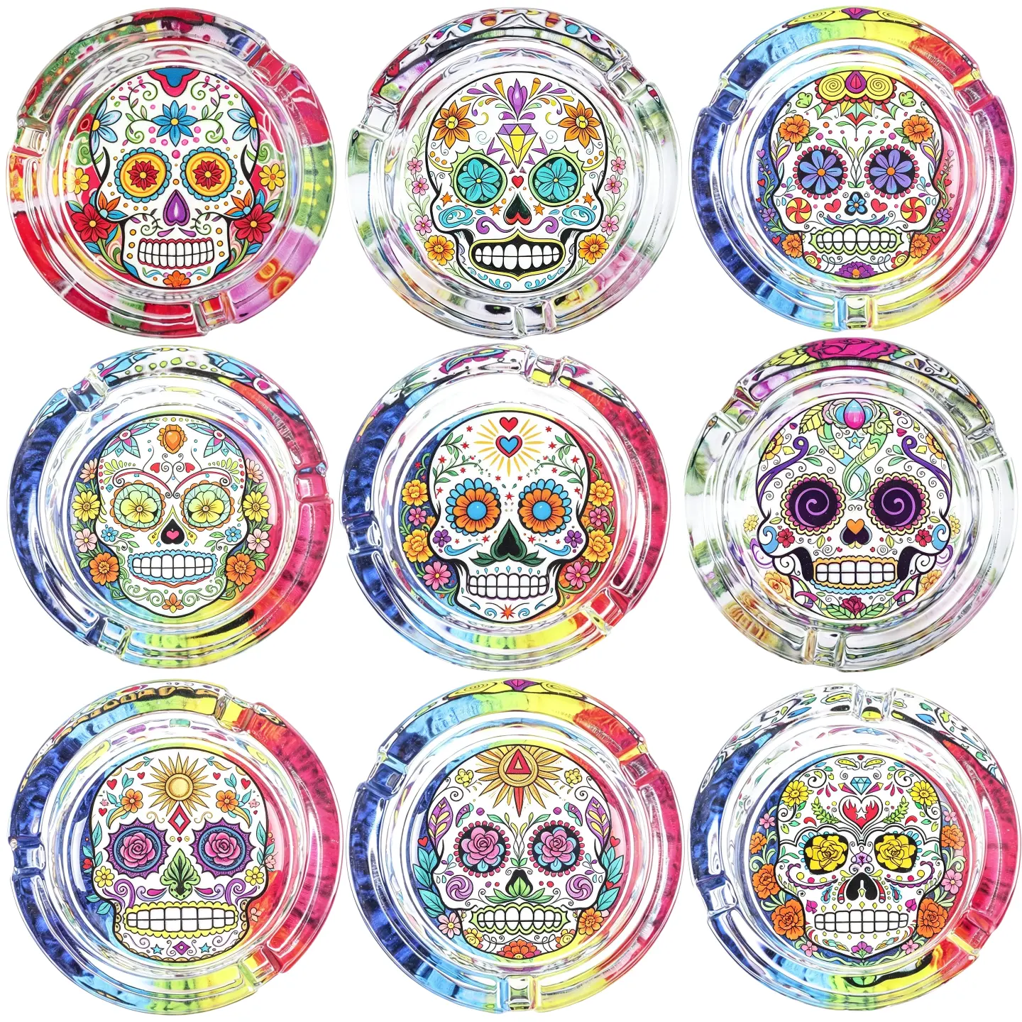 1-Pack Colorful Sugar Skull Glass Ashtray, Day of the Dead Mexican Floral Skull Cigarette Ash Tray, Heat Resistant Decorative Smoking Ash Holder for Home Bar Desktop Halloween Party Gift（Random Skull Pattern）