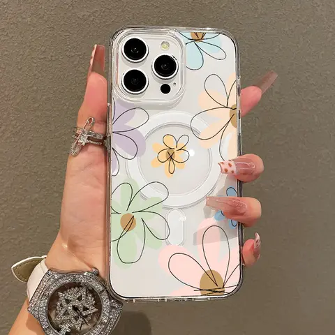 Magnetic Soft Case for iPhone11/12/13/14/15/16/promax, Cartoon Flowers MagSafe Compatible,Aesthetic Pattern Design Lightweight,y2k cased,AntiScratch,and Trendy