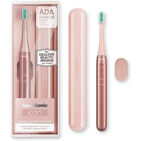 AquaSonic ICON Rechargeable Travel Power Toothbrush - Oral Electric with Soft-Touch Handle, Travel Case, Smart Timers, Mint Green, ADA Approved - Dental Cleaner