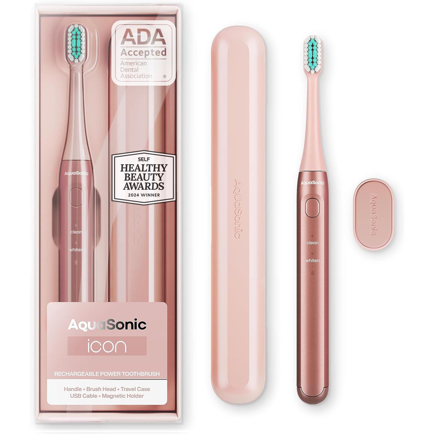 AquaSonic ICON Rechargeable Travel Power Toothbrush - Oral Electric with Soft-Touch Handle, Travel Case, Smart Timers, Mint Green, ADA Approved - Dental Cleaner