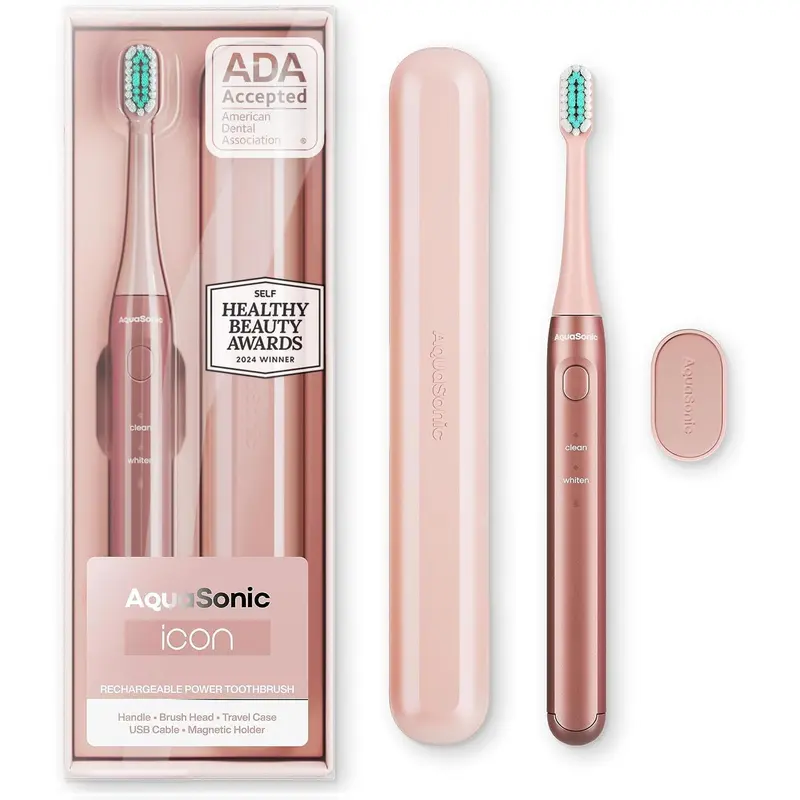 AquaSonic ICON Rechargeable Travel Power Toothbrush - Oral Electric with Soft-Touch Handle, Travel Case, Smart Timers, Mint Green, ADA Approved - Dental Cleaner